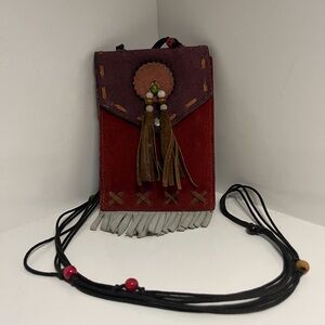 Yik Fung Suede Leather Native American Style Clutch With Fringe